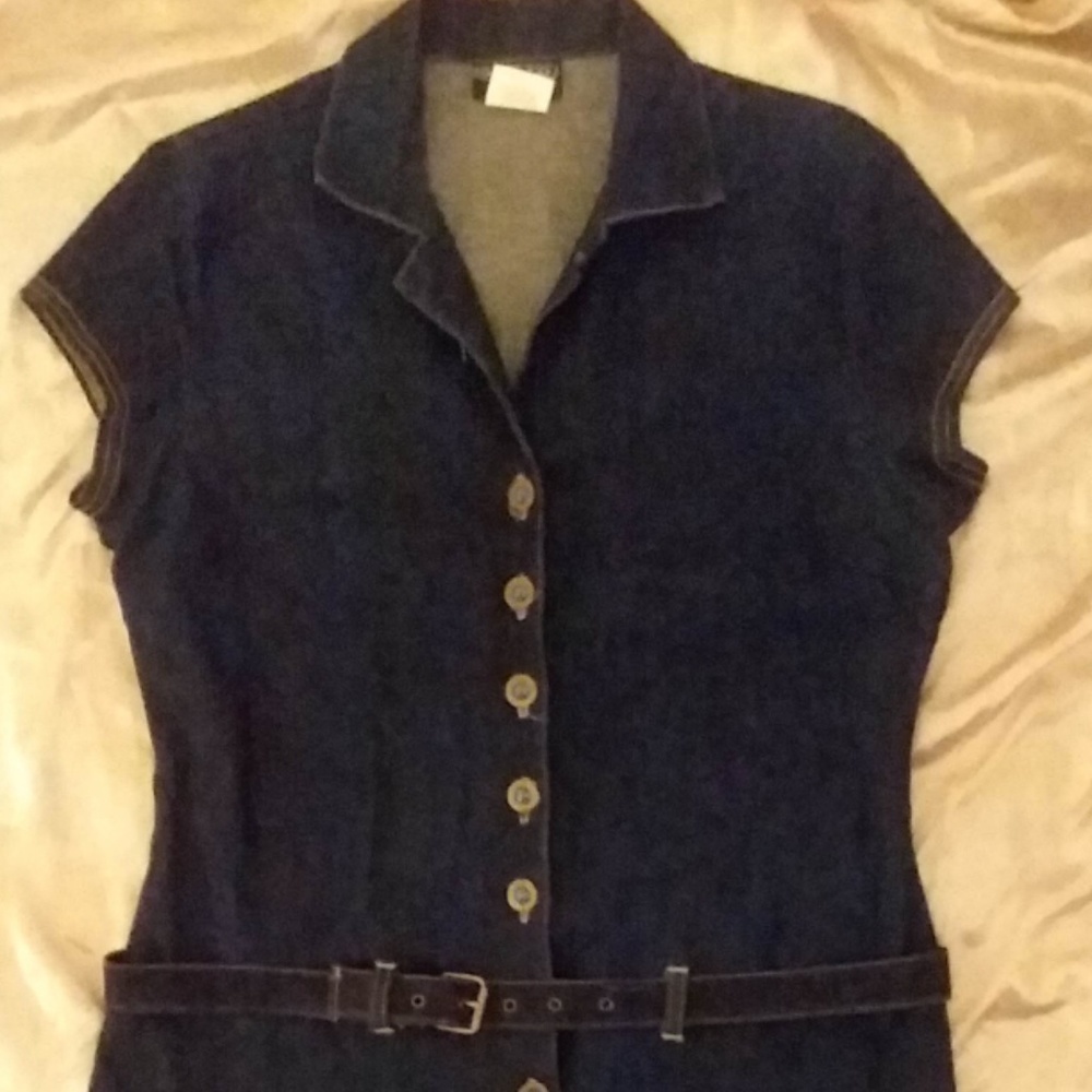 Stretch Denim Short Sleeve Button Front Dress